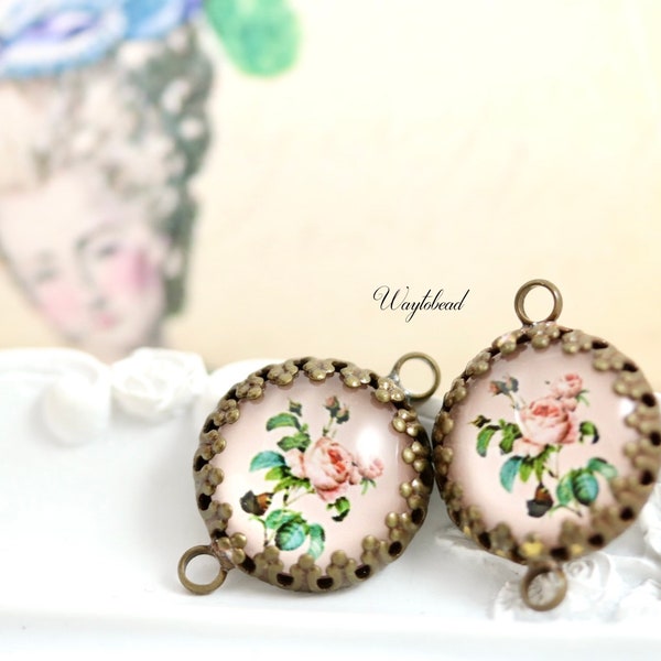 Pink Roses Floral Cabochon 16mm Vintage Style Round Single Set Stones Flower Connector Link - 2