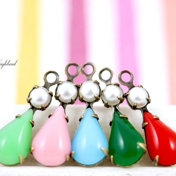 Pear Shape Set Stones 1 Ring Raw Brass Settings 23x8mm Glass Drops Smooth Top Faux Pearl Turquoise Blue Jadeite Pink Red Emerald Green - 2