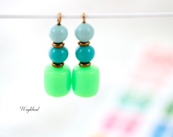 Earring Dangle Retro MCM Seafoam Turquoise & Bright Green Vintage German Plastic Beads Drops 29mm Mid Century Modern Charms - 2