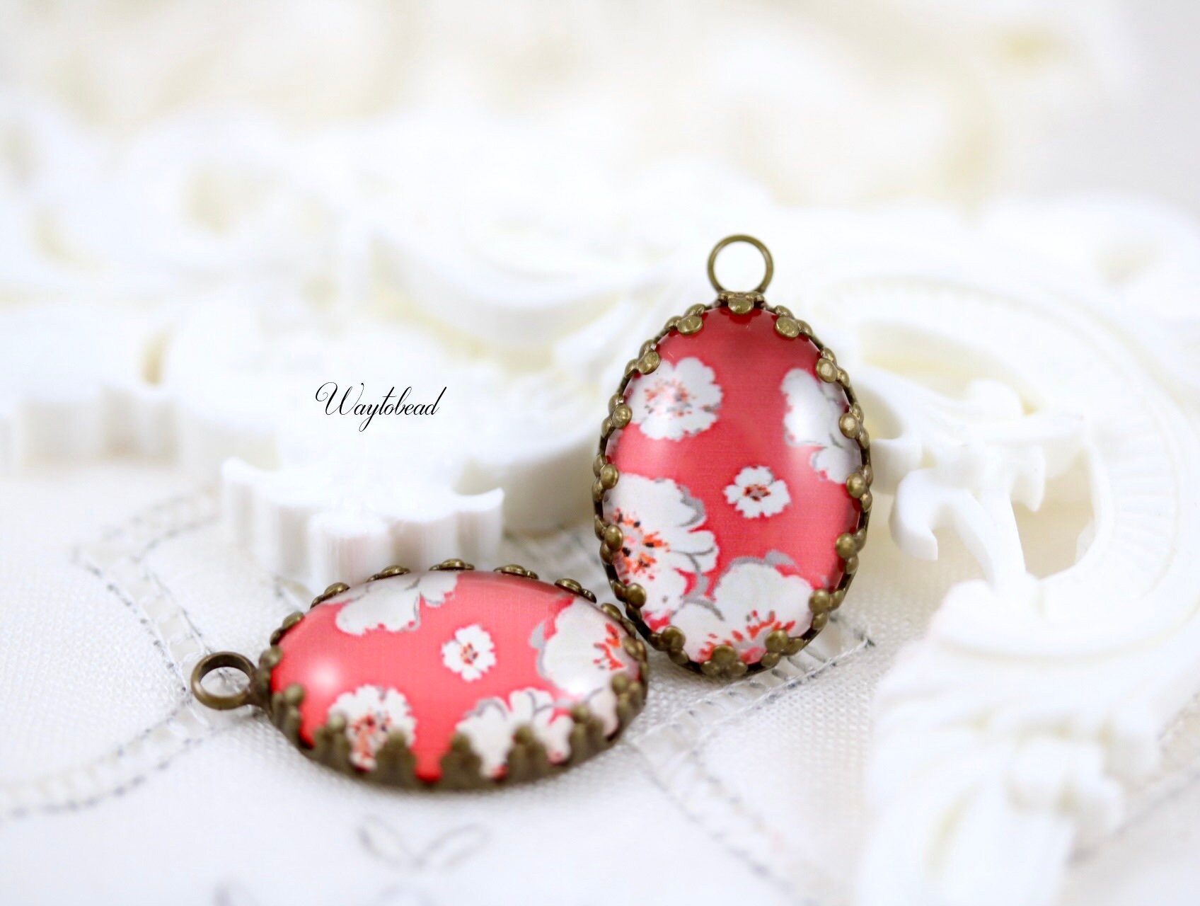 Red & White Flower Kimono Pattern Glass Cabochon Vintage Style 18x13mm Oval  Single Set Stones Charms Pendant 1 Loop 2 - Etsy