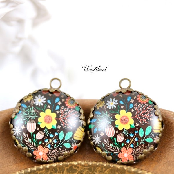 Yellow & Coral Black Background Glass Cabochon 21mm Vintage Style Flower Round Single Set Stones Charms Pendant - 2
