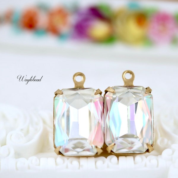Iridescent Crystal Clear 14x10mm Lustrous Pendant Connector Link Octagon Single Set Stone Raw Brass Settings  - 2