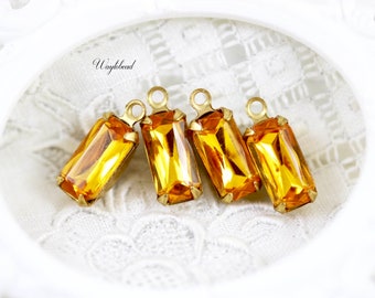 Topaz Yellow Vintage Rhinestone Octagon Stones Brass Prong Settings 10x5mm Connectors Single Set - 4