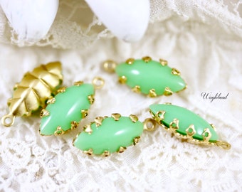 Jadeite Green 15x7mm Vintage Smooth Top Navette Stones Brass Settings Earring Drops Single Set Stones Pastel - 4