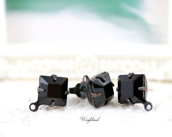 Jet Black Plated Square Ear Studs with Loop Glass Stones 8x8mm Earring Posts Loop - 1 Pair
