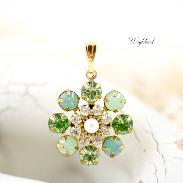 Chrysolite Pacific Opal Peridot Crystal Clear & Faux Pearl Rhinestone Daisy Flower Austrian Crystal Pendant 19mm Bail - 1