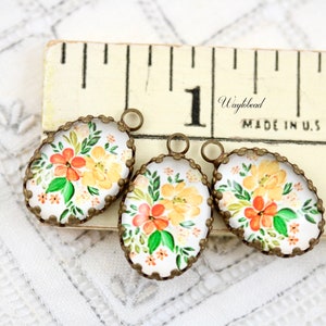 Green Leaves Orange & Yellow Flowers Glass Cabochon Vintage Style 18x13mm Oval Single Set Stones Charms Pendant 1 Loop 2 image 3