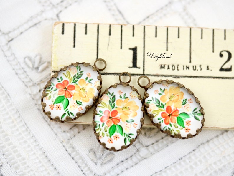 Green Leaves Orange & Yellow Flowers Glass Cabochon Vintage Style 18x13mm Oval Single Set Stones Charms Pendant 1 Loop 2 image 3