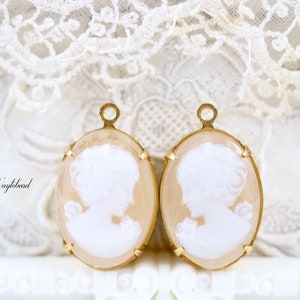 Translucent Cream Beige & White Vintage Woman Cameo 18x13mm Lady Oval Charm Pendant Set Stones Brass Settings - 2