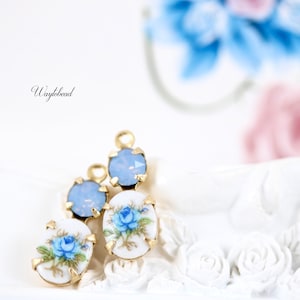 Blue Opal Austrian Crystal 16x6mm Set Stones Dangle Earring Drops Vintage Oval Rose Flower Stones 1 Ring Brass Settings - 2