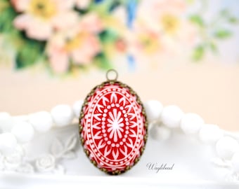Red & White 25x18mm Oval Dome Mosaic Vintage German Charm Pendant Set Stones Brass Setting - 1