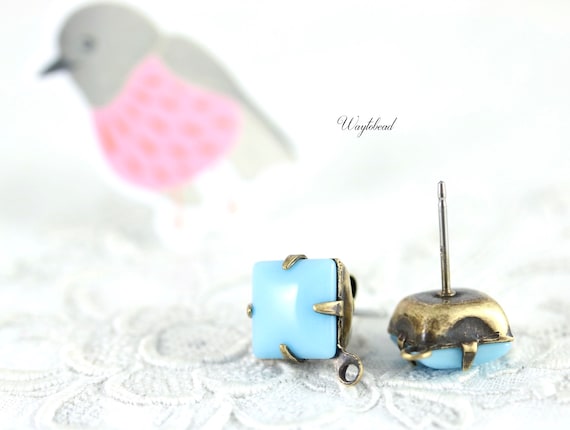 Ox Antique Brass Vintage Glass Stone Post Earring Loop Ear Studs Finding Square 8x8mm Turquoise Blue - 1 Pair