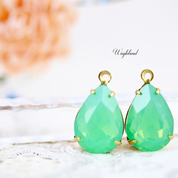 Green Opal 14x10mm Pear Shape Teardrop Faceted Set Stones Earring Drop Brass Settings - 2