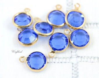 Sapphire 8mm Vintage Round Austrian Crystal Gold Plated 1 Ring Channel Dangle Drops Charms - 4