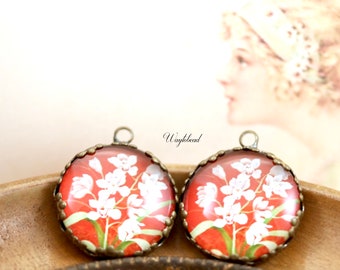 Red & White Flower Orchid Vintage Style Floral Cabochon 21mm Round Single Set Stones Charms Pendant - 2