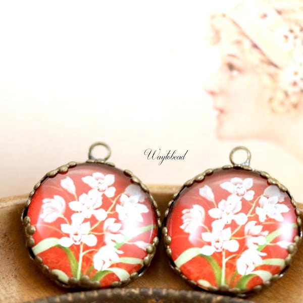 Red & White Flower Orchid Vintage Style Floral Cabochon 21mm Round Single Set Stones Charms Pendant - 2