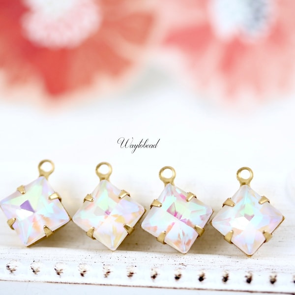 White Shimmer Close Back Setting Charm Connector 8x8mm Glass Square Stones Raw Brass Dangle  - 4