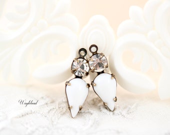 Vintage Glass Chalkwhite & Crystal 18x6mm Pear Shape Stone Earring Drops Round Rhinestone Brass Settings - 2