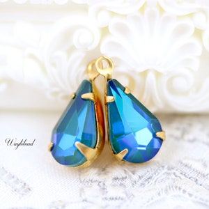 Piedras en forma de pera, verde esmeralda brillante, revestimiento de vidrio azul, 1 anillo de 13 x 8 mm, dijes de diamantes de imitación - 2