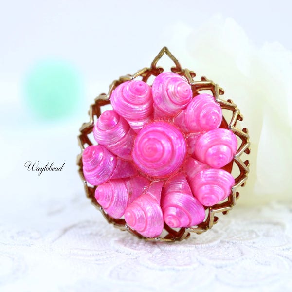 Hot Pink RARE Vintage Cluster Hand Dyed Italian Seashell Cabochon Ornate Raw Brass Crown Setting Iridescent - 1