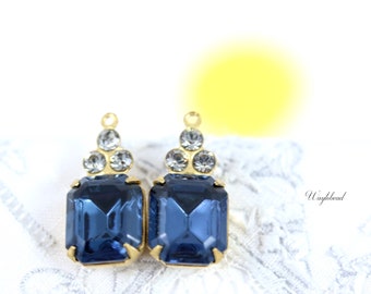 Vintage Octagon Stone Austrian Crystals Brass Settings 21x10mm Black Diamond & Montana Blue - 2