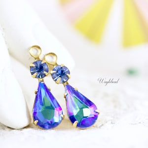 Glass Drops Pear Shaped Set Stones 1 Ring Raw Brass Settings 23x8mm Light Sapphire & AB Sapphire - 2