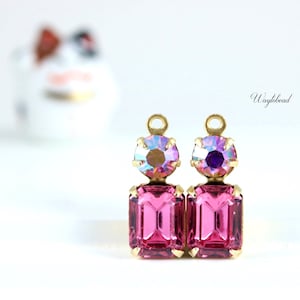 AB Light Rose & Rose Pink 16x6mm Vintage Octagon Austrian Crystal Brass Settings Earring Drops or Connectors - 2