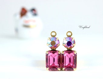 AB Light Rose & Rose Pink 16x6mm Vintage Octagon Austrian Crystal Brass Settings Earring Drops or Connectors - 2