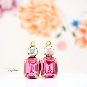 AB Crystal & Rose 18x8mm Set Stone Drops Vintage Octagon Austrian Crystal Raw Brass Settings Earring Dangle - 2
