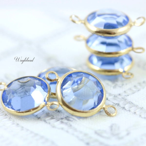 Light Sapphire Blue Vintage Round Austrian Crystal Gold Plated 2 Rings 11mm Channel Connectors Links - 2