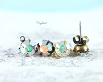 Preciosa Crystal Antique Brass Earring Posts with Loop Rhinestone Ear Studs Earring Finding 6mm Round AB Crystal - 1 Pair