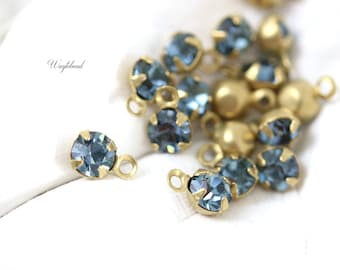 Indian Sapphire Vintage Tiny 5mm Rhinestones Austrian Crystal Single Dangles 1 Ring Brass Setting Earring Drops - 8