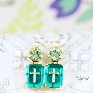 Cross Intaglio German Glass Vintage Octagon Hand Gilded Gold Religious 16x6mm Chrysolite & Blue Zircon Earring Drops Connectors - 2