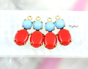 Vintage Glass Stones Light Blue & Opaque Red 16x6mm Set Stones Earring Drops Vintage Oval 1 Ring Brass Settings - 2