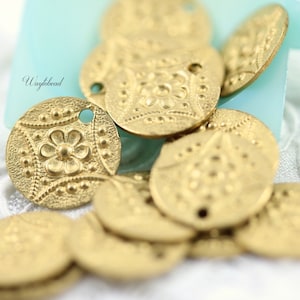 11mm Brass Embossed Pattern Round Charms with One or Two Hole - 8