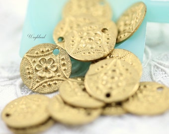 11mm Brass Embossed Pattern Round Charms with One or Two Hole - 8