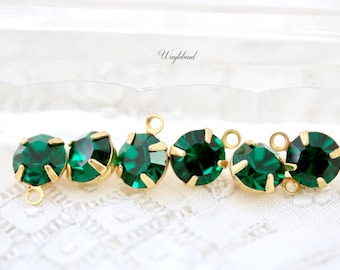 Emerald Green 6mm Preciosa Crystal Single Set Rhinestone Drops Raw Brass Connector Link - 6