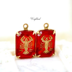 Cancer Ruby Red Vintage Zodiac Intaglio 14x10mm Carved Unfoiled Glass Octagon Stones Open Back Raw Brass Settings - 2