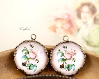 21mm Vintage Style Pink Roses Floral Cabochon Round Single Set Stones Flower Connector Link - 2