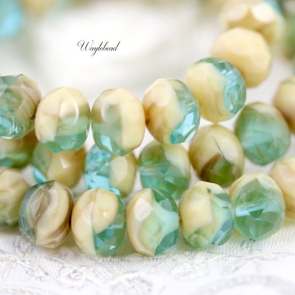 Transparent Aqua Creamy Ivory Sand Brown 8x6mm Czech Fire Polished Glass Faceted Rondelle Beads  - 10