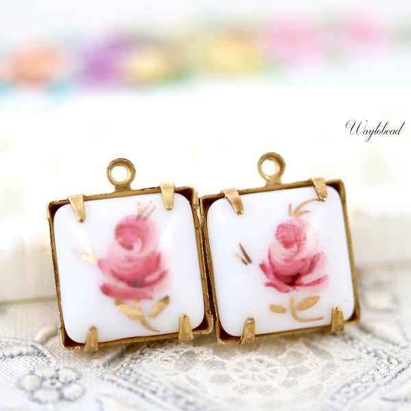 Limoge Pink Rosebud Square Porcelain 12mm Vintage Hand Painted Flower Cabochon Roses Drop Connector Closed Back Settings - 2