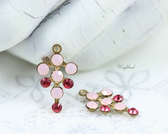 Rose Water Opal & Indian Pink Rhinestone Earring Drop Dangle 21x12mm Vintage Austrian Crystal Cluster - 2