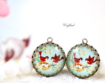 Birds Nest Mint Green Cabochon 21mm Vintage Style Round Single Set Stones Charms Pendant - 2