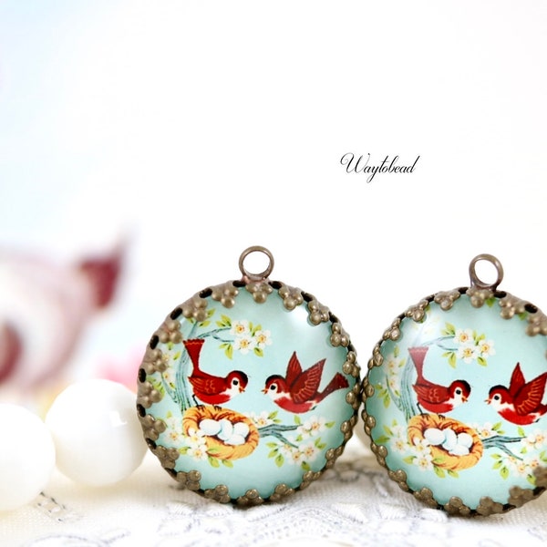 Birds Nest Mint Green Cabochon 21mm Vintage Style Round Single Set Stones Charms Pendant - 2