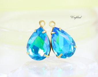 AB Aquamarine 14x10mm Pear Shape Teardrop Faceted Set Stones Earring Drop Raw Brass Settings - 2