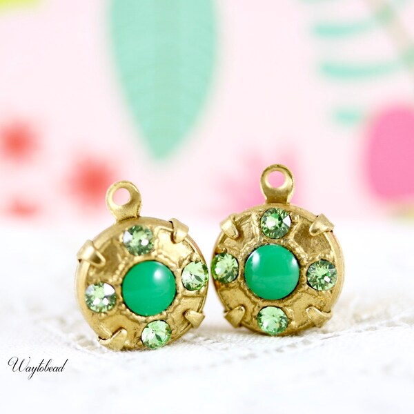 Peridot & Opaque Apple Green Vintage Austrian Crystal Smooth Top Stones 11mm Round Stamping Set Stone Rhinestone Charms Drops Art Deco - 2