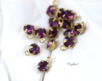 Amethyst Purple Vintage Tiny 5mm Rhinestones Austrian Crystal Dangles 1 Ring Single Brass Setting Earring Drops - 8