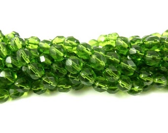 30 - Round Czech Fire Polished Faceted Glass Beads - Olivine - 6mm