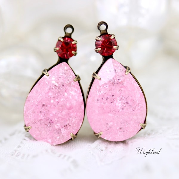 Indian Pink & light Rose Ice 26x13mm Crackle Glass Stones Pear Shaped Set Stones Rhinestone Pendants 1 Ring Raw Brass Settings - 2