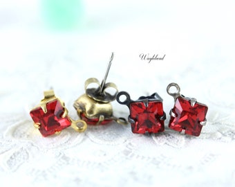 Scarlet Red Austrian Crystal Rhinestone Earring Studs with Loop Ear posts Earring Finding Square 6x6mm - 1 Pair